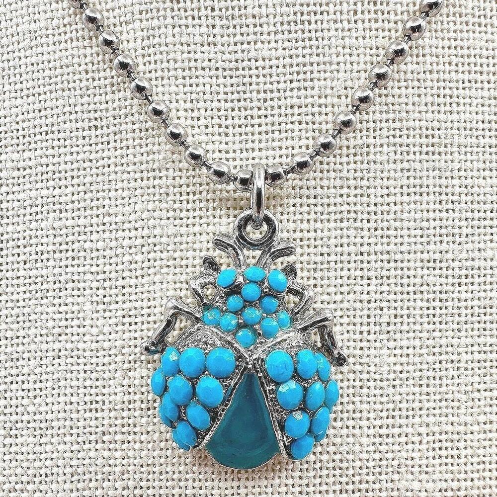 Vintage 90s Turquoise Beaded Silver Tone Ball Chain Beetle Pendant Necklace